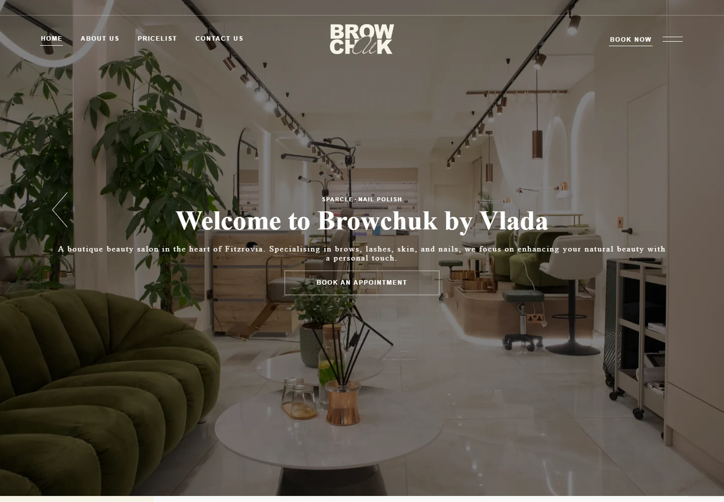 Browchuk beauty salon website, showing its salon interior and appointment button